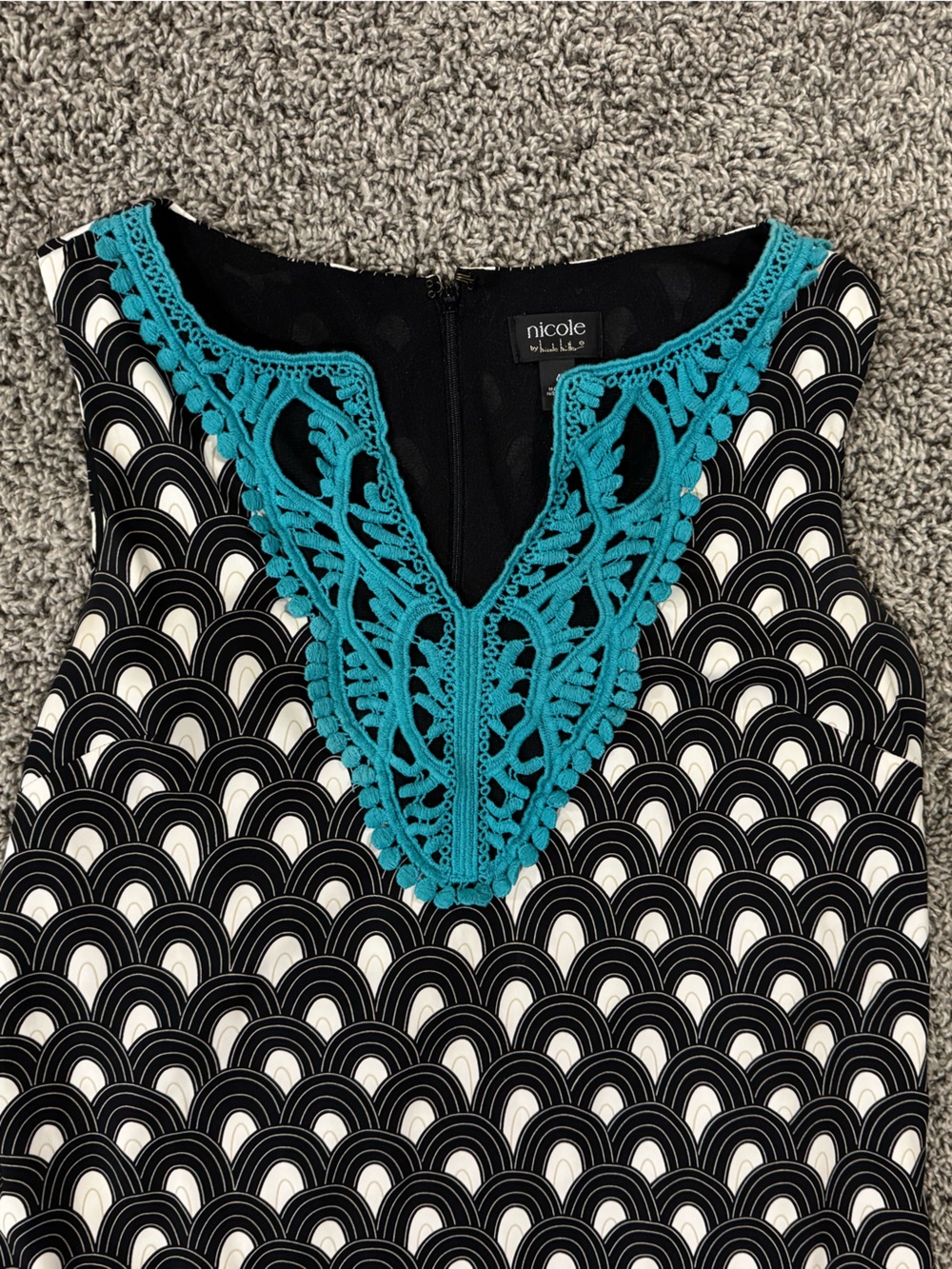 Nicole Miller Black Dress with Teal Crochet Trim - Picture 2 of 7